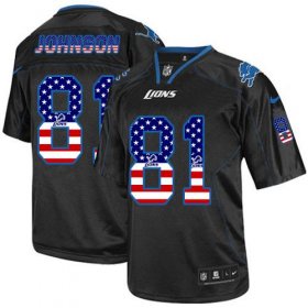 Wholesale Cheap Nike Lions #81 Calvin Johnson Black Men\'s Stitched NFL Elite USA Flag Fashion Jersey