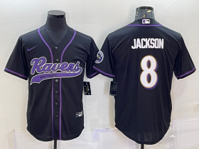 Wholesale Cheap Men\'s Baltimore Ravens #8 Lamar Jackson Black With Patch Cool Base Stitched Baseball Jersey