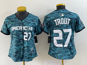 Wholesale Cheap Women\'s Los Angeles Angels #27 Mike Trout Number Teal 2023 All Star Cool Base Stitched Jersey
