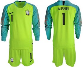 Wholesale Cheap Brazil #1 Alisson Shiny Green Goalkeeper Long Sleeves Soccer Country Jersey