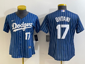 Cheap Women\'s Los Angeles Dodgers #17 Shohei Ohtani Number Red Navy Blue Pinstripe Stitched Cool Base Nike Jersey