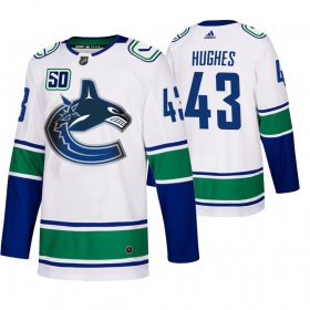 Wholesale Cheap Vancouver Canucks #43 Quinn Hughes 50th Anniversary Men\'s White 2019-20 Away Authentic NHL Jersey