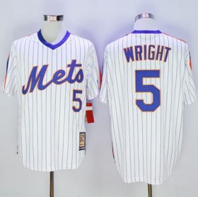 Wholesale Cheap Mitchell And Ness Mets #5 David Wright White(Blue Strip) Throwback Stitched MLB Jersey