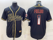 Wholesale Cheap Men's Chicago Bears #1 Justin Fields Black Gold With Patch Smoke Cool Base Stitched Baseball Jersey