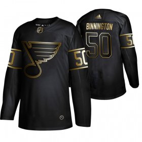 Wholesale Cheap Adidas Blues #50 Jordan Binnington Men\'s 2019 Black Golden Edition Authentic Stitched NHL Jersey
