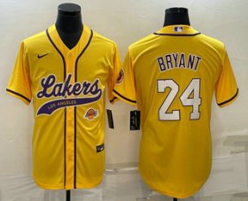 Cheap Men\'s Los Angeles Lakers #24 Kobe Bryant Yellow With Patch Cool Base Stitched Baseball Jerseys