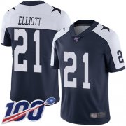 Wholesale Cheap Nike Cowboys #21 Ezekiel Elliott Navy Blue Thanksgiving Men's Stitched NFL 100th Season Vapor Throwback Limited Jersey