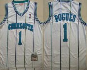 Wholesale Cheap Men's Charlotte Hornets #1 Muggsy Bogues 1992-93 White Hardwood Classics Soul Swingman Throwback Jersey