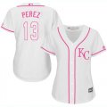 Wholesale Cheap Royals #13 Salvador Perez White/Pink Fashion Women's Stitched MLB Jersey
