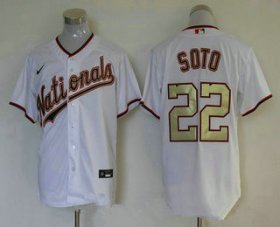 Wholesale Cheap Men\'s Washington Nationals #22 Juan Soto White Gold Stitched MLB Cool Base Nike Jersey
