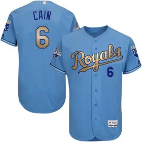 Wholesale Cheap Royals #6 Lorenzo Cain Light Blue FlexBase Authentic 2015 World Series Champions Gold Program Stitched MLB Jersey
