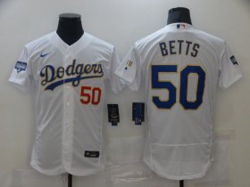 Wholesale Cheap Men Los Angeles Dodgers 50 Betts Champion of white gold and blue characters Elite 2021 Nike MLB Jersey