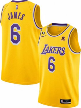 Wholesale Cheap Men\'s Los Angeles Lakers #6 LeBron James Yellow No.6 Patch Stitched Basketball Jersey