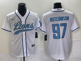 Wholesale Cheap Men\'s Detroit Lions #97 Aidan Hutchinson White With Patch Cool Base Stitched Baseball Jersey
