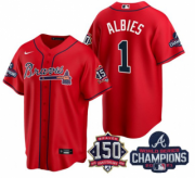 Wholesale Cheap Men's Red Atlanta Braves #1 Ozzie Albies 2021 World Series Champions With 150th Anniversary Patch Cool Base Stitched Jersey
