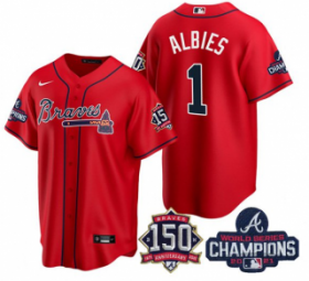 Wholesale Cheap Men\'s Red Atlanta Braves #1 Ozzie Albies 2021 World Series Champions With 150th Anniversary Patch Cool Base Stitched Jersey