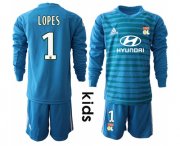 Wholesale Cheap Lyon #1 Lopes Blue Goalkeeper Long Sleeves Kid Soccer Club Jersey
