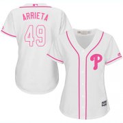 Wholesale Cheap Phillies #49 Jake Arrieta White/Pink Fashion Women's Stitched MLB Jersey