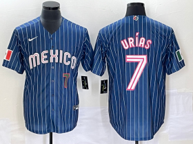 Wholesale Cheap Men\'s Mexico Baseball #7 Julio Urias Number Navy Blue Pinstripe 2020 World Series Cool Base Nike Jersey2
