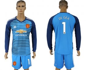 Wholesale Cheap Manchester United #1 De Gea Blue Long Sleeves Soccer Club Jersey