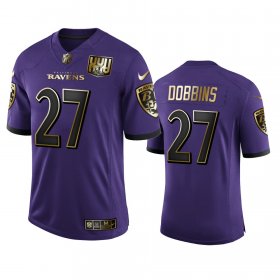 Wholesale Cheap Baltimore Ravens #27 J.K. Dobbins Men\'s Nike Purple Team 25th Season Golden Limited NFL Jersey