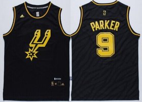 Wholesale Cheap San Antonio Spurs #9 Tony Parker Revolution 30 Swingman 2014 Black With Gold Jersey