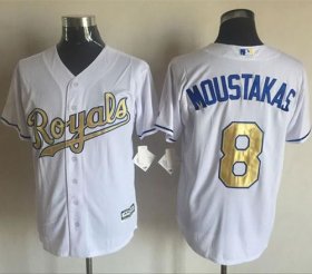 Wholesale Cheap Royals #8 Mike Moustakas White New Cool Base 2015 World Series Champions Gold Program Stitched MLB Jersey