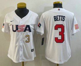 Cheap Women\'s USA Baseball #3 Mookie Betts Number 2023 White World Classic Replica Stitched Jersey