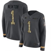 Wholesale Cheap Nike Panthers #1 Cam Newton Anthracite Salute to Service Women's Stitched NFL Limited Therma Long Sleeve Jersey