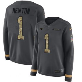 Wholesale Cheap Nike Panthers #1 Cam Newton Anthracite Salute to Service Women\'s Stitched NFL Limited Therma Long Sleeve Jersey