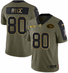 Wholesale Cheap Men\'s Olive San Francisco 49ers #80 Jerry Rice 2021 Camo Salute To Service Golden Limited Stitched Jersey