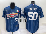 Wholesale Cheap Mens Los Angeles Dodgers #50 Mookie Betts Number Rainbow Blue Red Pinstripe Mexico Cool Base Nike Jersey