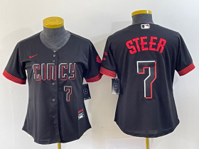 Wholesale Cheap Women\'s Cincinnati Reds #7 Spencer Steer Numer Black 2023 City Connect Cool Base Stitched Baseball Jersey2