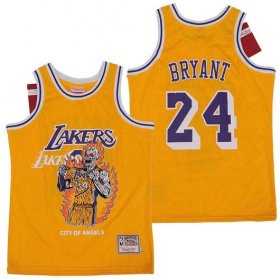 Wholesale Cheap Men\'s Los Angeles Lakers #24 Kobe Bryant Yellow Hardwood Classics Skull Edition Jersey
