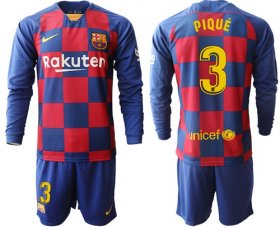 Wholesale Cheap Barcelona #3 Pique Home Long Sleeves Soccer Club Jersey