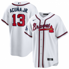 Wholesale Cheap Men\'s White Atlanta Braves #13 Ronald Acuna Jr. 2021 World Series Champions Cool Base Stitched Jersey