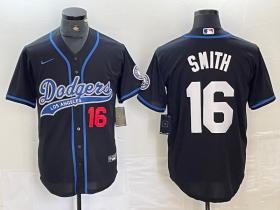 Cheap Men\'s Los Angeles Dodgers #16 Will Smith Number Black With Patch Cool Base Stitched Baseball Jersey