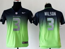 Wholesale Cheap Nike Seahawks #3 Russell Wilson Steel Blue/Green Youth Stitched NFL Elite Fadeaway Fashion Jersey