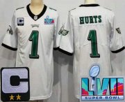 Cheap Youth Philadelphia Eagles #1 Jalen Hurts Limited White C Patch Super Bowl LVII Vapor Jersey
