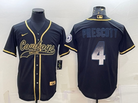 Wholesale Cheap Men\'s Dallas Cowboys #4 Dak Prescott Black Gold With Patch Smoke Cool Base Stitched Baseball Jersey