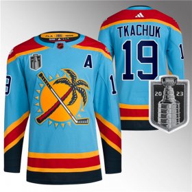 Wholesale Cheap Men\'s Florida Panthers #19 Matthew Tkachuk Blue 2023 Stanley Cup Final Reverse Retro Stitched Jersey