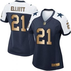 Wholesale Cheap Nike Cowboys #21 Ezekiel Elliott Navy Blue Thanksgiving Throwback Women\'s Stitched NFL Elite Gold Jersey