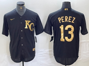 Cheap Men's Kansas City Royals #13 Salvador Perez Black Gold Cool Base Stitched Jersey
