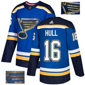 Wholesale Cheap Adidas Blues #16 Brett Hull Blue Home Authentic Fashion Gold Stitched NHL Jersey