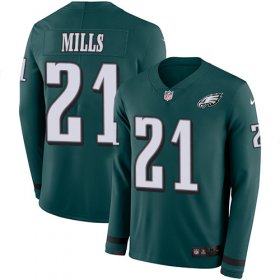 Wholesale Cheap Nike Eagles #21 Jalen Mills Green Team Color Men\'s Stitched NFL Limited Therma Long Sleeve Jersey