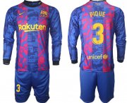 Wholesale Cheap Men 2021-2022 Club Barcelona Second away blue Long Sleeve 3 Soccer Jersey