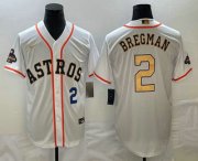 Cheap Mens Houston Astros #2 Alex Bregman Number 2023 White Gold World Serise Champions Patch Cool Base Stitched Jersey