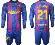 Wholesale Cheap Men 2021-2022 Club Barcelona Second away blue Long Sleeve 21 Soccer Jersey