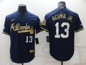 Wholesale Cheap Men\'s Atlanta Braves #13 Ronald Acuna Jr Navy Blue 2021 World Series Champions Golden Edition Stitched Cool Base Nike Jersey