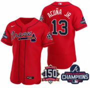 Wholesale Cheap Men's Red Atlanta Braves #13 Ronald Acuna Jr. 2021 World Series Champions With 150th Anniversary Flex Base Stitched Jersey